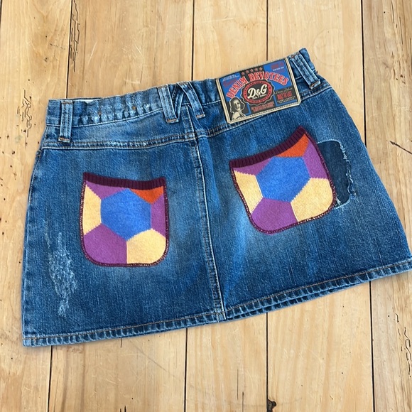Dolce & Gabbana Distressed Denim Mini Skirt Colorful Sweater Knit Patches 90s - Picture 2 of 15